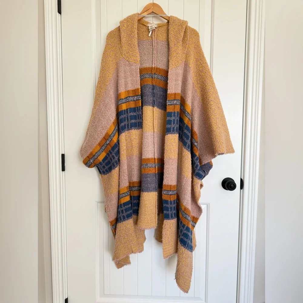 Free People Mercer Hooded Kimono Poncho Bohemian Plaid Stripe Knit Sweater - Picture 2 of 7